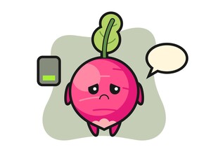radish mascot character doing a tired gesture