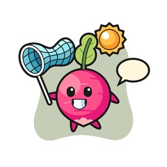 radish mascot illustration is catching butterfly