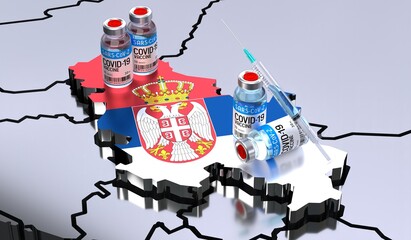 Covid-19 / SARS-CoV-2  / coronavirus vaccination in Serbia - country shape, vials, syringe - 3D illustration