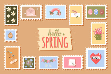 Spring romantic postage stamps with flowers and cute easter elements. Vector stock illustration