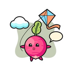 radish mascot illustration is playing kite