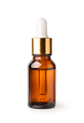 Essential serum oil in amber bottle with gold cap and white dropper  isolate on white background. Clipping path.