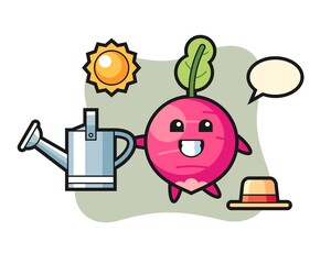 Cartoon Illustration of radish holding watering can