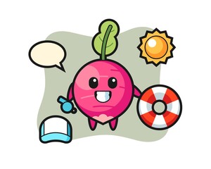 Cartoon mascot of radish as a beach guard