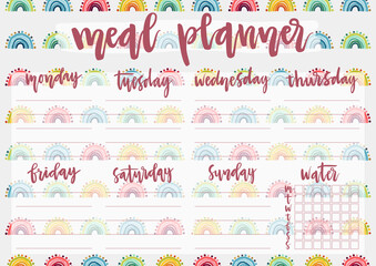 Cute A4 template for weekly and daily meal planner with lettering and hand drawn rainbows. Organizer and water check list. Trendy self-organization concept for 2021 with graphic design elements.