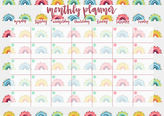 Cute monthly planner for 2021 year on colorful background with hand drawn rainbow. A4 print ready open date calendar design. Template vector illustration for self-organization and time management.