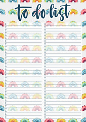 Cute A4 template for To Do List with lettering and hand drawn rainbows background. A4 print ready organizer with lined page and check boxes. Trendy self-organization concept for 2021 year.