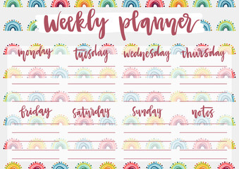 Cute A4 template for weekly and daily planner with lettering and hand drawn rainbows. Organizer and schedule with notes. Trendy self-organization concept for 2021 with graphic design elements.