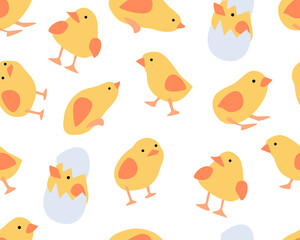 Chicks Set Characters Seamless Pattern on White Background  with Chickens Childrens Easter Doodle Cheerful Playful Seamless Pattern isolated Vector Illustration