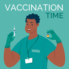 Doctor in latex gloves with syringe and vaccine in his hands. Vaccination time. Vector. Illustration. Flat. Cartoon