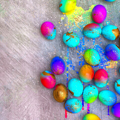 Fototapeta na wymiar Easter festive elegant background, painted golden multicolored eggs, place for text, top view, 3D rendering