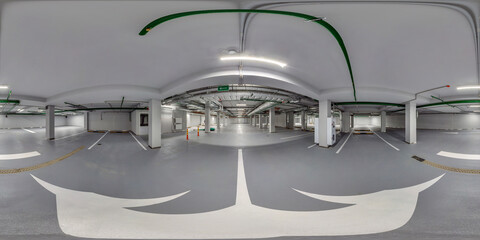 Full  spherical hdri panorama 360 degrees in empty underground garage parking with columns and road...