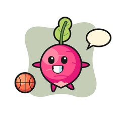 Illustration of radish cartoon is playing basketball