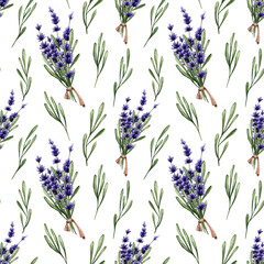 Seamless pattern with purple lavender. Watercolor pattern with spring lilac flowers. Great for decor, design, paper, fabric, textiles, and more.