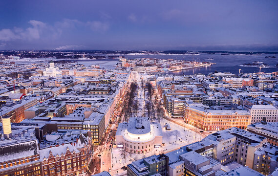 Aerial view of Esplanade park with Christmas decoration. Aerial view of snow-covered Helsinki, Finland.