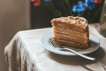 Closeup on honey cake on a plate