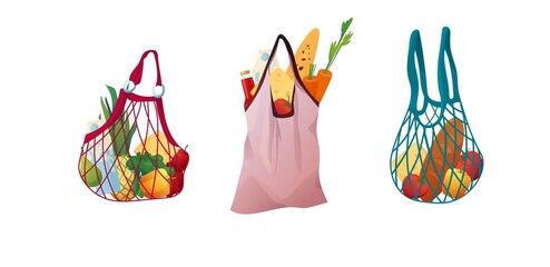 Recyclable eco shopping bags and cotton mesh with food. Shoppers made of  paper, fabric. Zero waste concept.