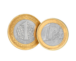 one turkish lira and one euro coins isolated on white background