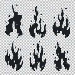 Fire and flame black silhouettes vector set isolated on a transparent background.