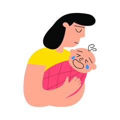 Young mother holding crying baby. Illustration on white background. 