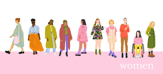 Set of diverse women characters vector illustration. female fashion. young trendy clothes girls.	