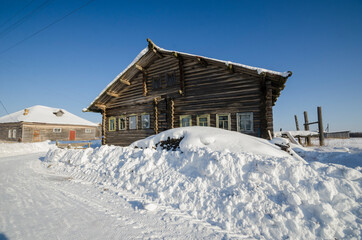 The beautiful northern village of Kilza. Russian village in winter. Russia, Arkhangelsk region, Mezensky district 