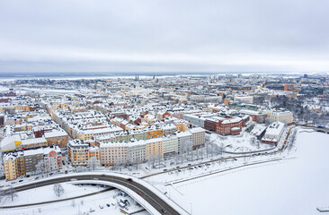 Aerial view of Kruununhaka central neighborhood of Helsinki. An amazing winter cityscape.