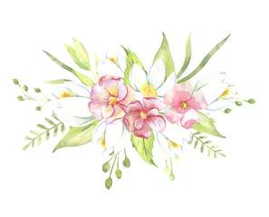 Watercolor floral illustration - leaves and branches bouquets with pink flowers and leaves for wedding stationary, greetings, wallpapers, background. Roses, green leaves. . High quality illustration