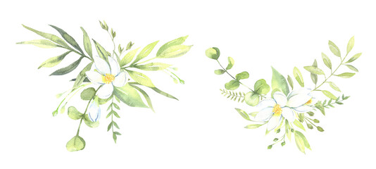 Watercolor floral illustration - leaves and branches bouquet with white flowers and leaves for wedding stationary, greetings, wallpapers, background. Roses, green leaves. . High quality illustration