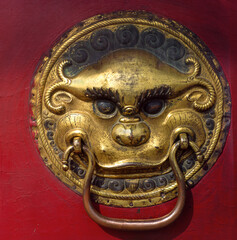 Decorative ironwork on the gate of the temple in Ulaanbaatar, Mongolia