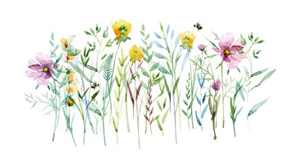 Watercolor flying bee, natural field flowers, beautiful floral composition isolated on white, macro. Summer Meadow. Summer symbol for holiday, postcard, poster, banner, children's illustration and web