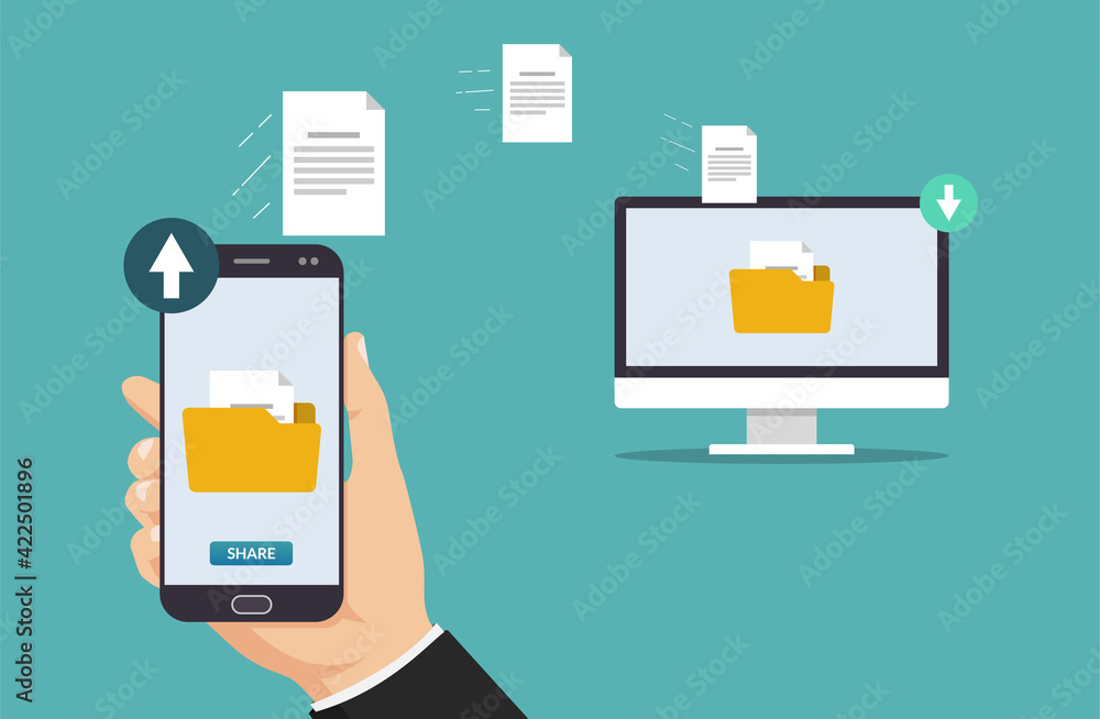 Poster file transfer concept. hand holding smartphone transferring folder and files to computer vector illu
