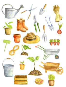 Watercolor illustration, gardening, gardening tools, hobby, childrens illustration.
