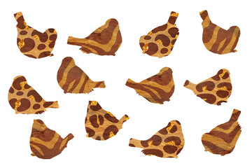 Birds with leopard skin print. Clip art set on white background