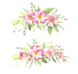 Watercolor floral illustration - leaves and branches bouquets with pink flowers and leaves for wedding stationary, greetings, wallpapers, background. Roses, green leaves. . High quality illustration