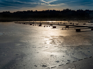 Marina in Gdynia during the winter on sunset.