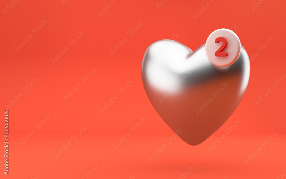 Poster silver chrome heart icon with notification sign. modern design, 3d rendering. bright red background.