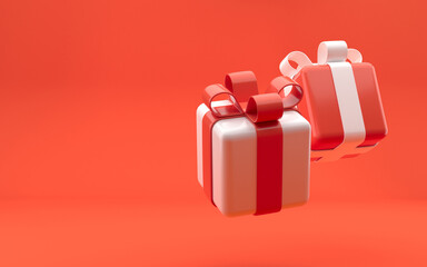 Falling gift box, cute rounded decorative festive gift boxes with white and red colors on the bright red background. Celebration royal premium realistic concept. 3d rendering