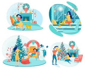 Spending Christmas at Home. Four Illustrations Set
