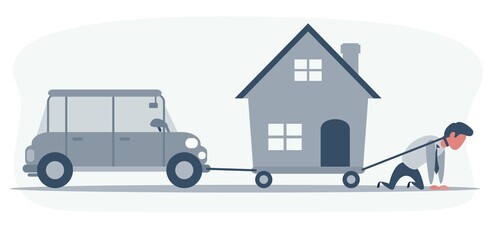 Obraz premium Business concept vector illustration of a businessman on knees dragging a house and a convertible car. Financial problem, burden, pressure, debt, installment concept