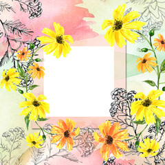 Obraz premium Watercolor card, postcard fromgreen, pink , black, white abstract spot. plant immortelle, tansy, wild herbs. Calendula flower, chamomile, daisy. Splash, bright streaks of paint. Vintage postcard