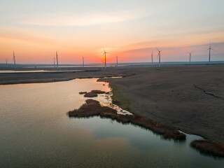 Catchers of the wind. Kochubeevskaya wind farm (WPP). Russia, industrial. Wind power plant.