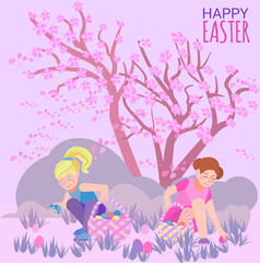 Obraz na płótnie Canvas Easter card. Cute little girls collect Easter eggs in baskets in a blooming cherry orchard. Search for holiday eggs. Vector drawing in a flat cartoon style. Inscription : Happy Easter