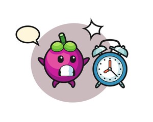 Cartoon Illustration of mangosteen is surprised with a giant alarm clock