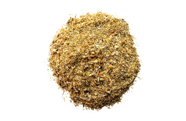 Dried medical chamomile flowers and grass isolated on wtite background. Heap of dried chamomile herb