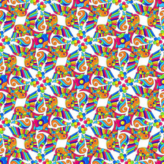 Naklejka premium Mexican talavera seamless pattern with tropical parrots. Traditional decorative objects.