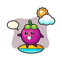 Illustration of mangosteen cartoon do surfing on the beach