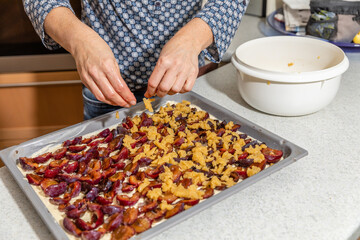 Baking plum cake in a kitchen
