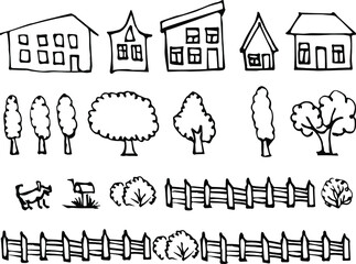 Set of simple houses and trees, street. Vector street, houses, bushes, trees.