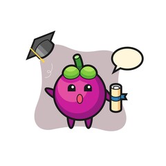 Illustration of mangosteen cartoon throwing the hat at graduation